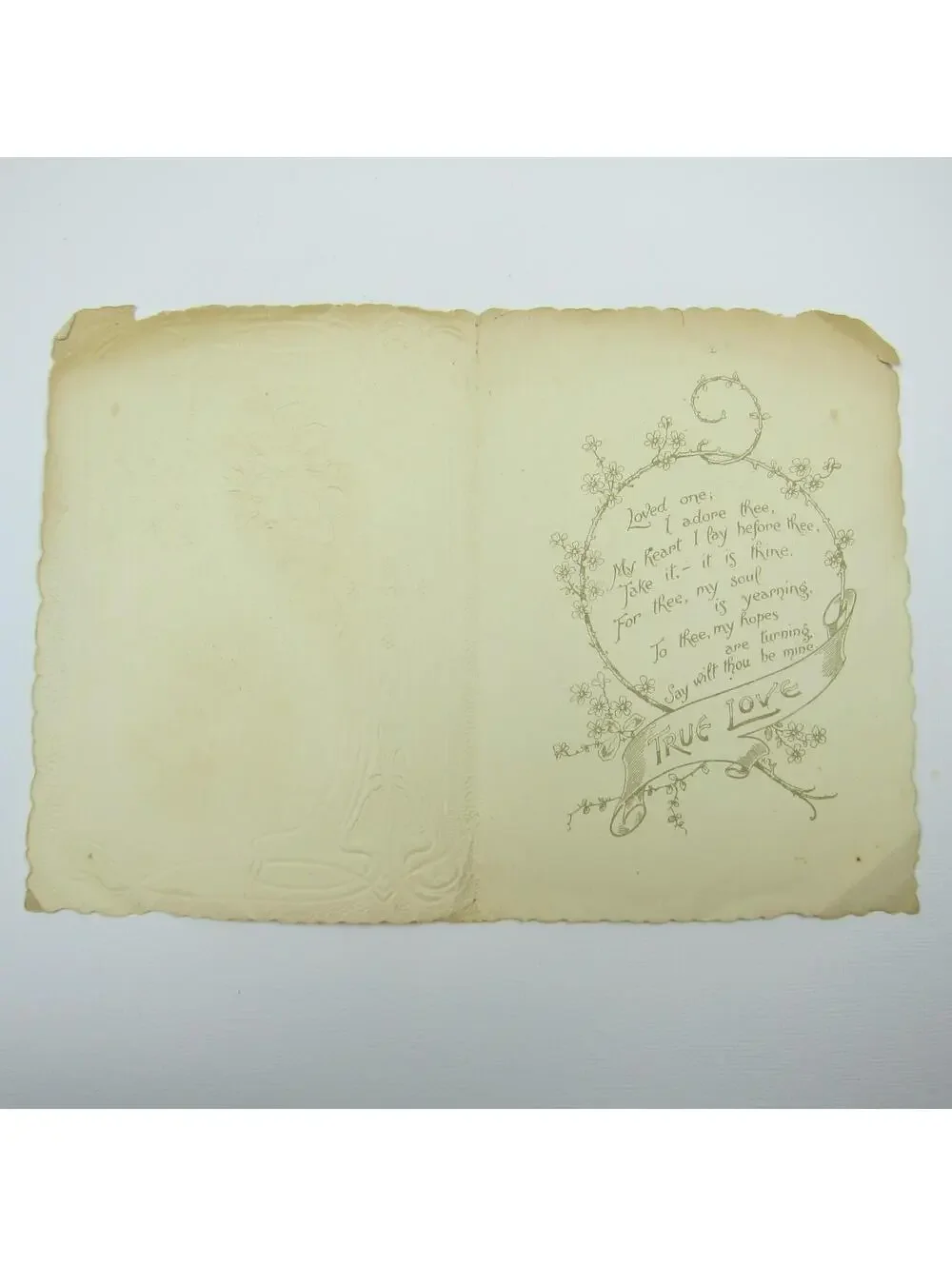 Valentine Card Girl Bonnet Yellow Dress Flowers Embossed Die cut Bifold Antique